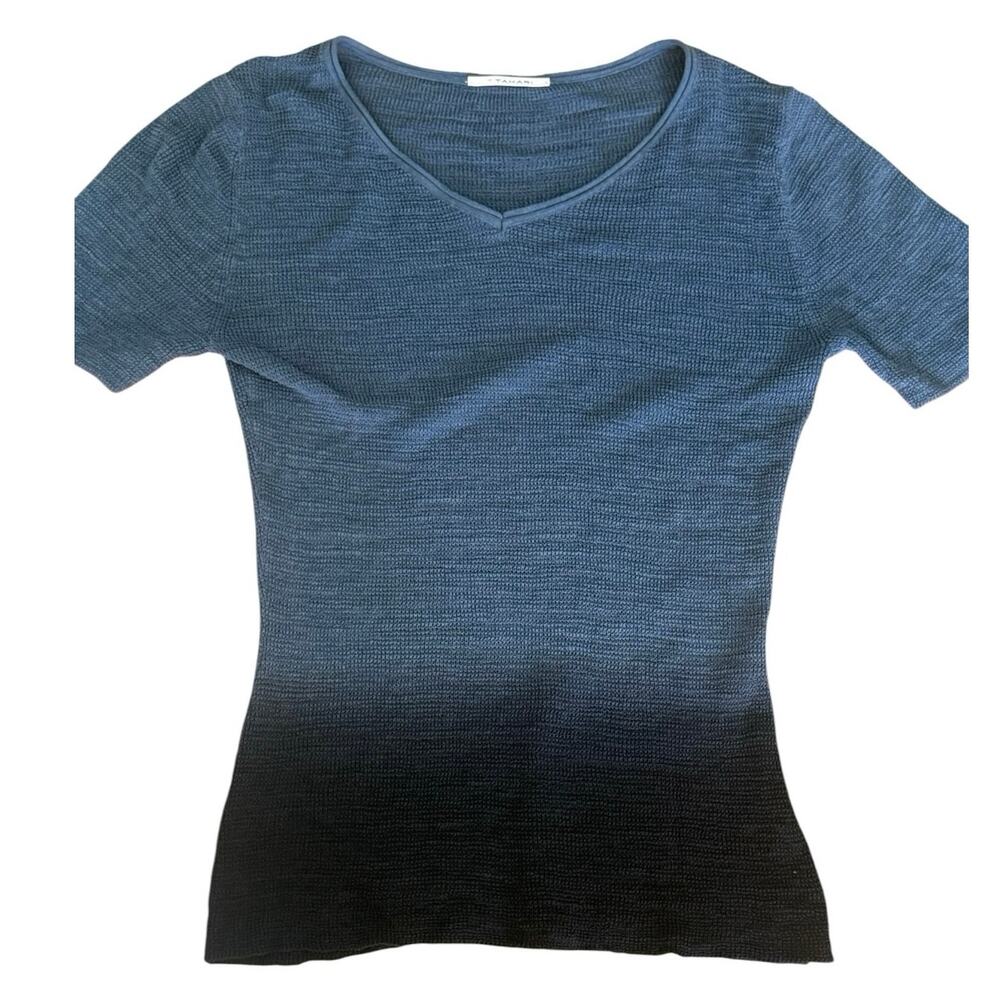 Tahari Black/Blue Ombré V-Neck Short Sleeve Top- Medium